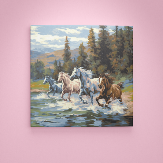 Wild Horses Galloping Through River  - Painting Wiz Kit