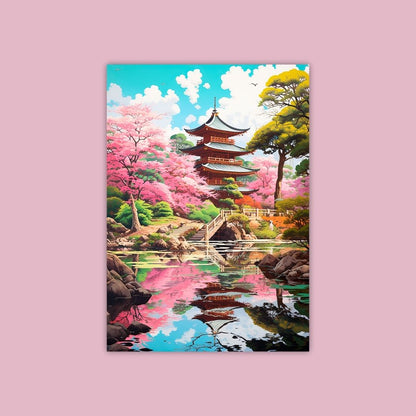 A Traditional Japanese Pagoda Cherry Blossoms Cascading River - Painting Wiz Kit