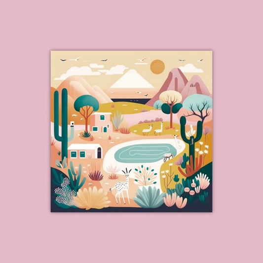 Illustration Of A Desert Landscape With Animals Cacti And Hills Under A Pastel Sky - Painting Wiz Kit