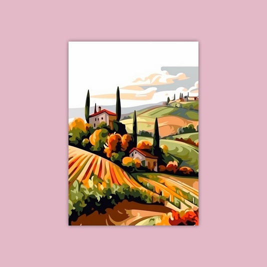 Illustration Of A Colorful Tuscan Landscape With Villas And Cypress Trees - Painting Wiz Kit