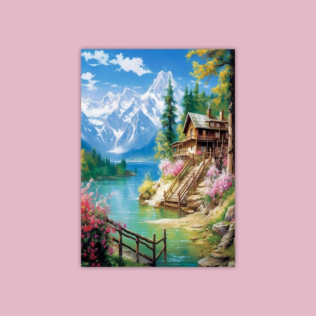 A Serene Painting Of A Cabin By A Lake With Mountains In The Background And Flowers In The Foreground - Painting Wiz Kit