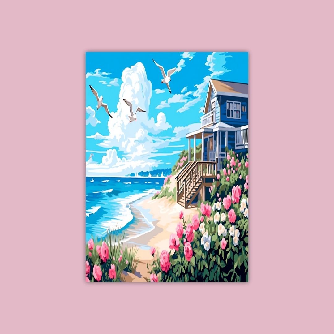 A Beach House With Roses And Seagulls Under A Blue Sky - Painting Wiz Kit