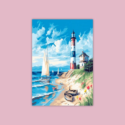 Lighthouse By The Sea With Sailboats And Clear Blue Skies - Painting Wiz Kit