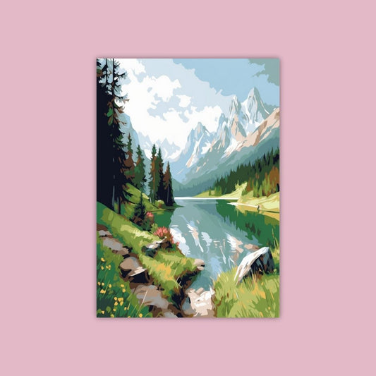 Art Of Serene Mountainous Landscape With A River Pine Trees And Clear Skies - Painting Wiz Kit