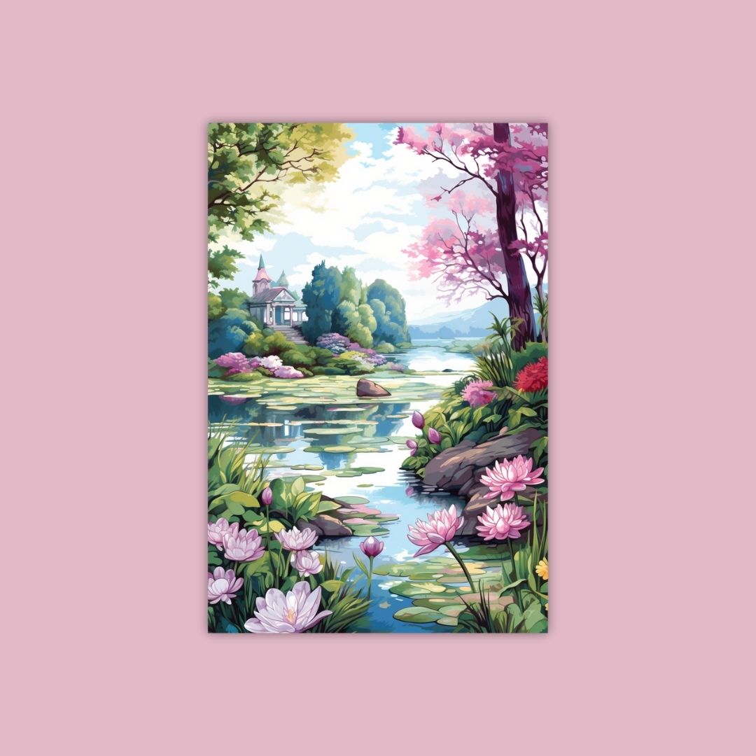 A Tranquil Lake With Blooming Lotuses And A Quaint House Among Lush Trees - Painting Wiz Kit