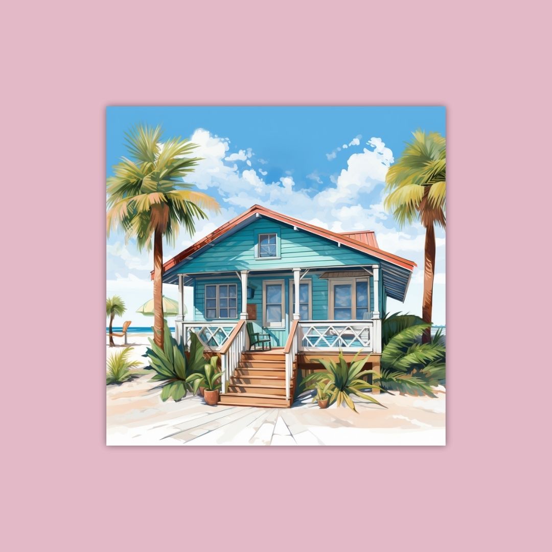 A Blue Beach House With Palm Trees And A Sandy Beach In The Background - Painting Wiz Kit