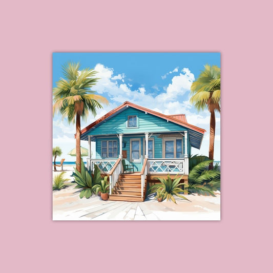 A Blue Beach House With Palm Trees And A Sandy Beach In The Background - Painting Wiz Kit