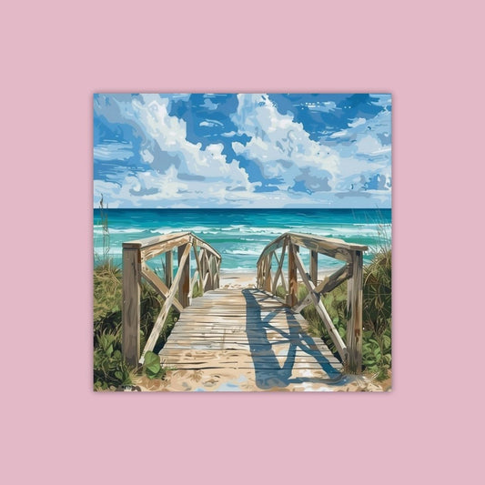 Wooden Walkway Leading To A Serene Beach With Blue Sky And Scattered Clouds - Painting Wiz Kit