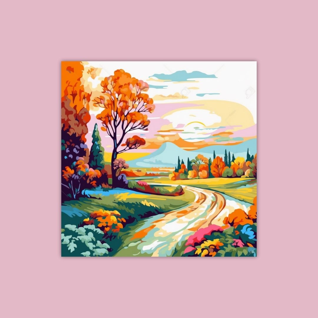 Colorful Illustration Of An Autumn Landscape With Vibrant Trees And A Winding Path - Painting Wiz Kit