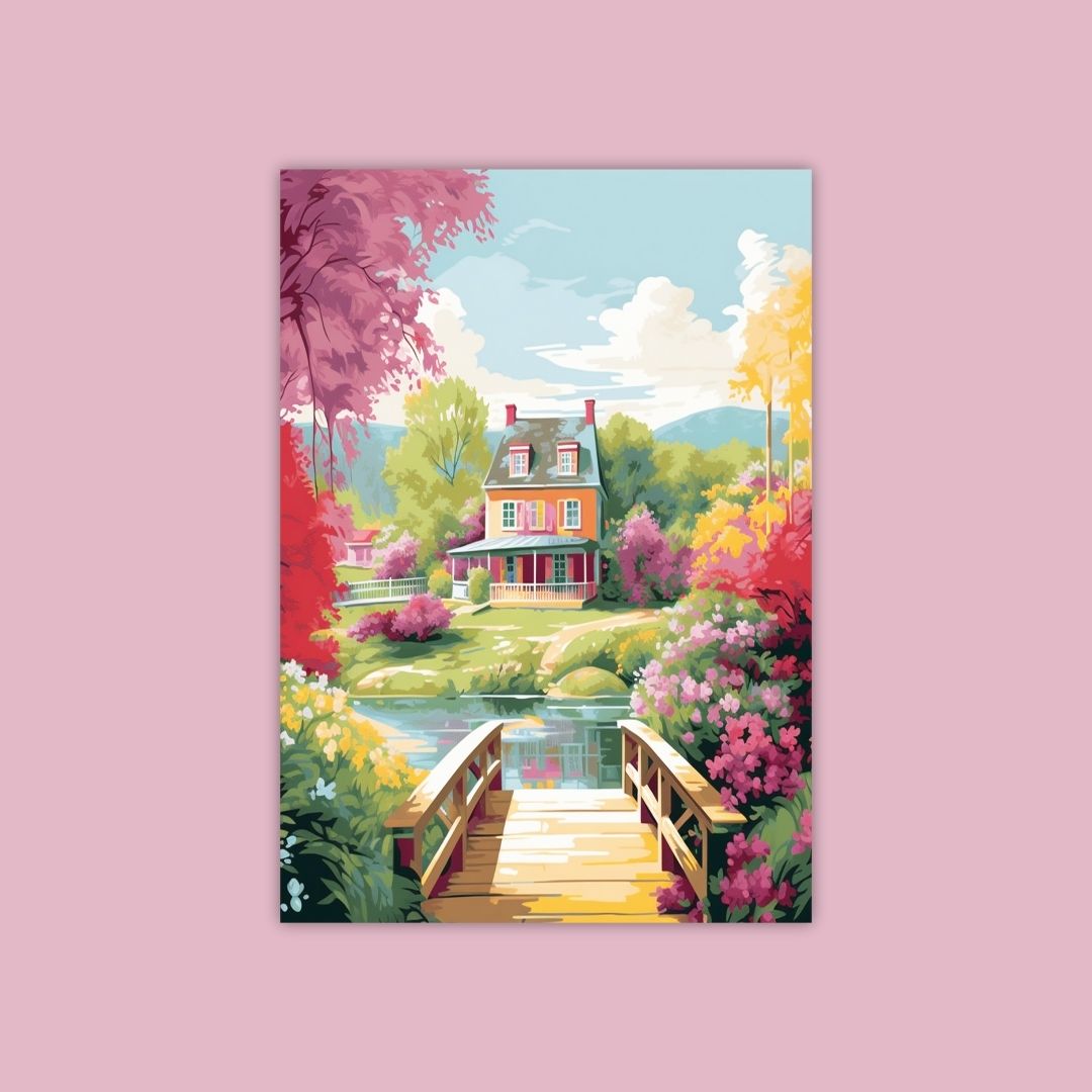 Colorful Art Of A Quaint House Surrounded By Vibrant Flora With A Footbridge In The Foreground - Painting Wiz Kit