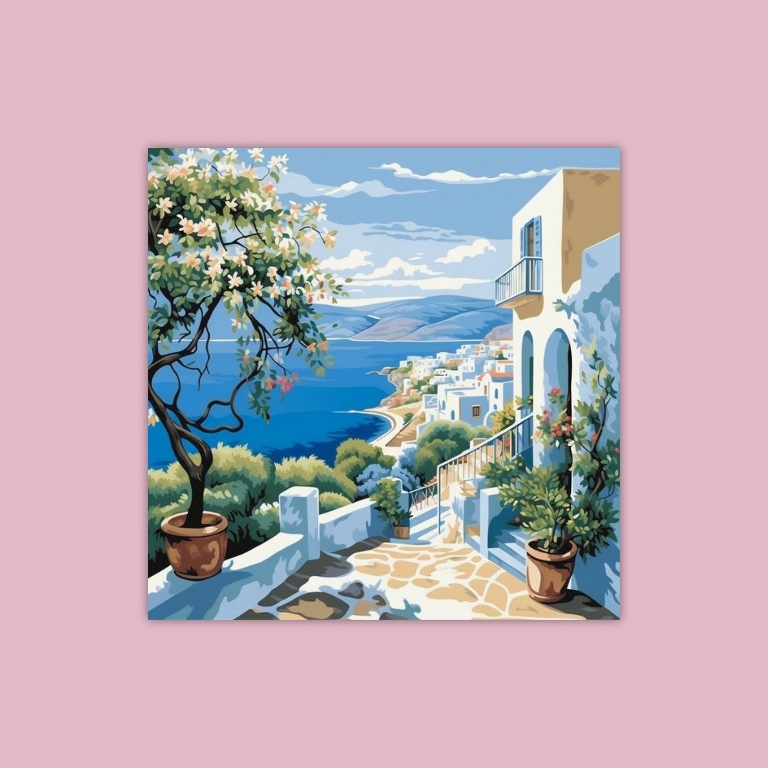 A Scenic View From A Coastal Village Overlooking The Sea With Flowering Plants - Painting Wiz Kit