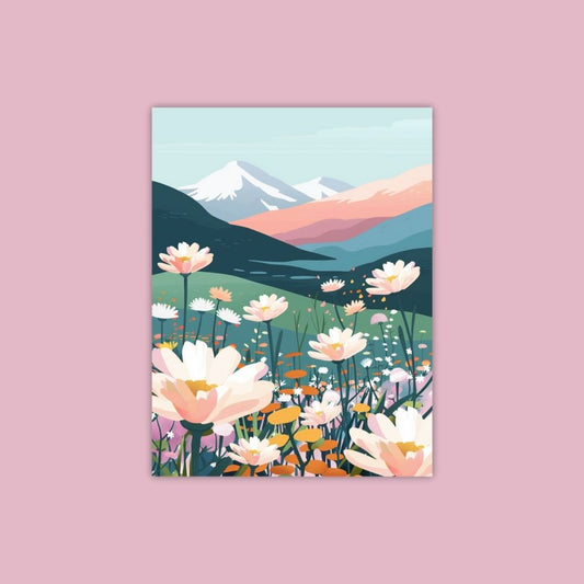 A Colorful Flower Field With A Mountain Range And Lake In The Background - Painting Wiz Kit