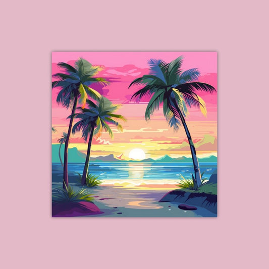 Beach Sunset With Palm Trees Calm Sea And Distant Mountains Under A Pink And Yellow Sky - Painting Wiz Kit