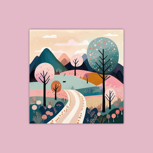 Colorful Stylized Artwork Of A Mountainous Landscape With A Winding Path Trees - Painting Wiz Kit