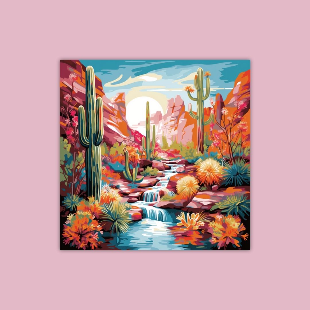 A Colorful Desert Scene With Cacti And A Cascading Stream At Sunset - Painting Wiz Kit