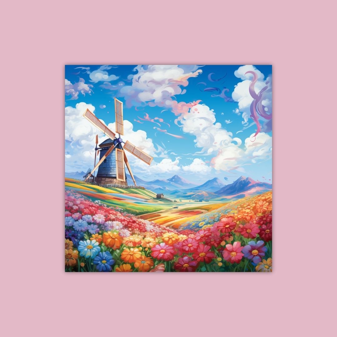 Vibrant Painting Of A Windmill Overlooking Colorful Flower Fields With Mountains In The Background - Painting Wiz Kit