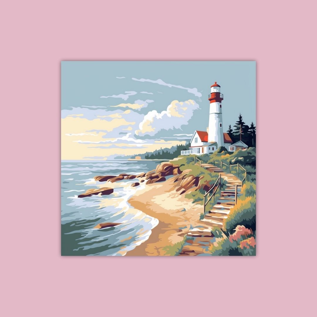 A Lighthouse By The Sea With Clouds Above And A Sandy Shore - Painting Wiz Kit