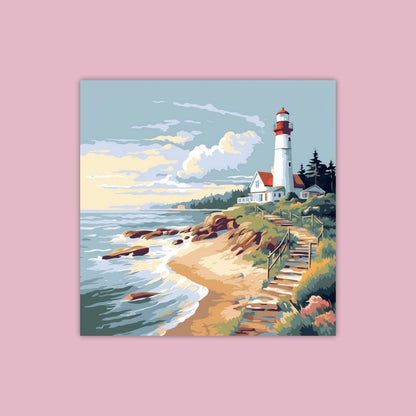 A Lighthouse By The Sea With Clouds Above And A Sandy Shore - Painting Wiz Kit